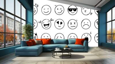 Doodle Emoji face icon set. Hand drawn sketch style. Emoji with different emotion mood, happy, sad, smile face. Comic line art vector illustration. Wall mural