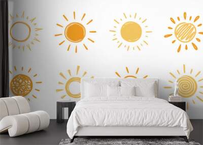 Doodle sun sketch illustration. Hand drawn cute yellow, orange sun set. Scribble doodle children drawn style. Vector illustration Wall mural