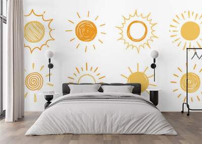 Doodle sun sketch illustration. Hand drawn cute yellow, orange sun set. Scribble doodle children drawn style. Vector illustration Wall mural