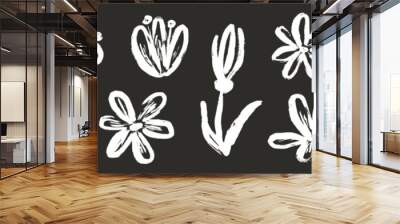 Flower abstract hand drawn brush chalk stroke. Sketch hand drawn silhouette floral plant, nature graphic leaf, floral grunge abstract brush. Vector simple flower on chalkboard. Vector illustration Wall mural