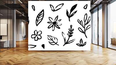 Flower doodle hand drawn line stroke. Sketch hand drawn spring floral plant, nature graphic leaf, scribble grunge brush texture. Vector simple flower, leaf brush stroke. Vector illustration Wall mural