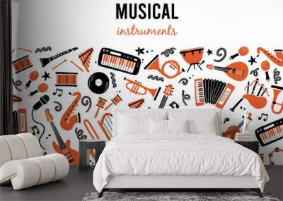 Hand drawn banners template with musical instrument, guitar, saxophone. Doodle sketch style. Vector illustration for music shop, musical instrument banner, music festival flyer, brochure background Wall mural