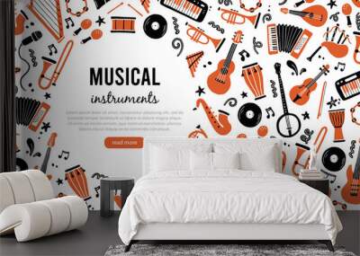 Hand drawn banners template with musical instrument, guitar, saxophone. Doodle sketch style. Vector illustration for music shop, musical instrument banner, music festival flyer, brochure background Wall mural