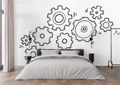 Hand drawn gear set. Doodle sketch style gear mechanism. Concept of business idea, teamwork, progress background. Doodle cog vector illustration. Wall mural