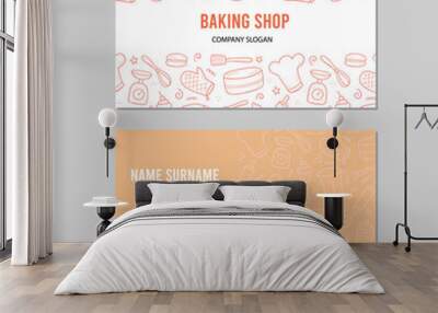 Hand drawn template with baking and cooking tools, mixer, cake, spoon, cupcake, scale. Doodle sketch style. Illustration for baking shop, bakery business card design. Wall mural