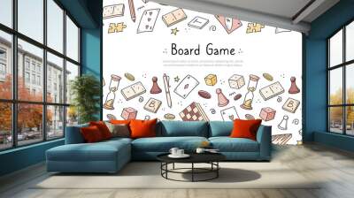 Hand drawn website banner template with of board game element. Doodle sketch style. Vector illustration for board game shop, store background, game competition banner, frame Wall mural