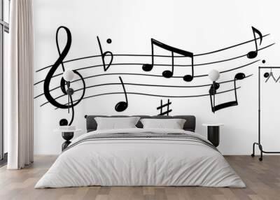 Music note doodle drawn background. Hand drawn sketch staff treble clef notes musician concept background. Melody symbol, black shape vector illustration. Wall mural