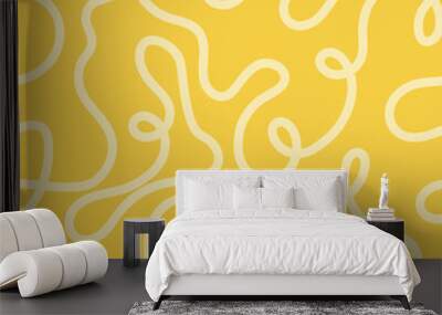 Noodle pasta seamless pattern vector background. Spaghetti curvy doodle pattern, Italian pasta background. Chinese abstract noodle, ramen design yellow food wallpaper. Vector illustration Wall mural