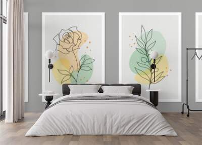 One line art flower poster set. Single continuous line leaf, flower minimal design background. Botanical abstract art for print, wallpaper. Vector illustration Wall mural