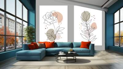 One line art flower poster set. Single continuous line leaf, flower minimal design background. Botanical abstract art for print, wallpaper. Vector illustration Wall mural