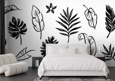 Palm leaf hand drawn crayon brush illustration. Foliage black tropical jungle leaves monstera, banana tree leaf texture silhouette elements. Hand drawn grunge black texture. Vector illustration. Wall mural