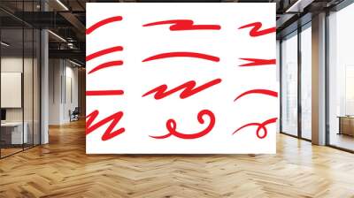 Red squiggle brush scribble underline. Marker pen emphasis highlight red swoosh stroke. Vector swoosh brush underline set for accent, marker emphasis squiggle element. Vector illustration Wall mural