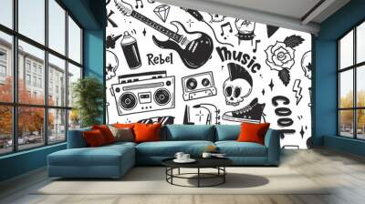 Rock n roll, punk music seamless pattern. Graffiti, tattoo hand drawn style element, skull, guitar, note. Grunge rock vector illustration. Wall mural