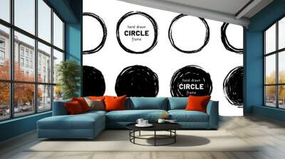 Round circular logo hand drawn brush stroke icon frame element. Round logo frame hand drawn texture brush stroke. Circle doodle ink black shape. Rough grunge circular. Vector illustration. Wall mural