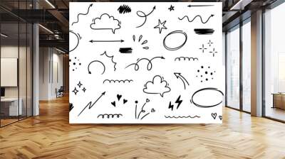 Sketch line cute star element, arrow, heart shape. Hand drawn doodle sketch style circle, cloud speech bubble grunge element set. Arrow, star sparkle, heart brush decoration. Vector illustration Wall mural