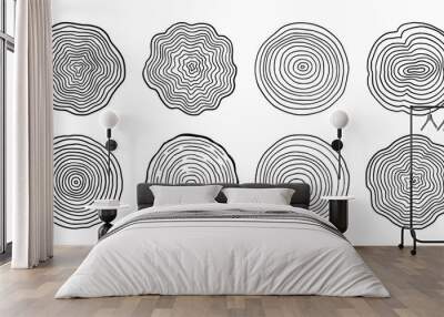 Tree ring wood circle set. Hand drawn tree ring pattern, line ripple circle wood texture. Wood organic slice line design. Vector illustration. Wall mural