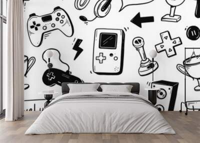 Video game hand drawn doodle seamless pattern. Video gamer console, joystick, controller element. Computer retro, arcade play background, wallpaper, pattern. Vector illustration. Wall mural