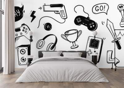 video game hand drawn doodle set. video gamer console, joystick, controller element. computer retro, Wall mural