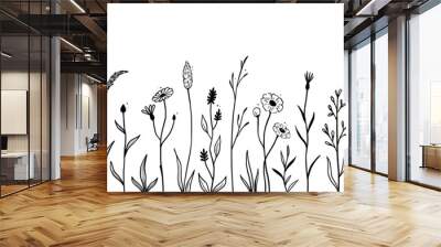 Wild field flower line seamless pattern. Hand drawn doodle sketch style wild floral element for nature spring background. Flower, garden grass field outline vector illustration. Wall mural