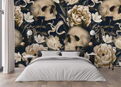 vintage floral seamless wallpaper with skulls, peonies, butterflies. dark botanical background. repe Wall mural