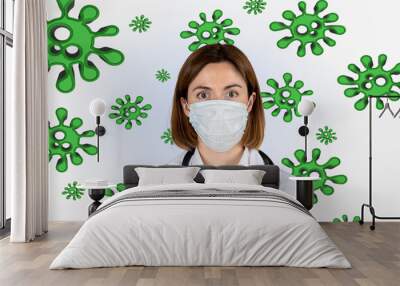 Young female doctor with terrified face wearing mask with corona virus on it. Covid-19 protection concept. Wall mural