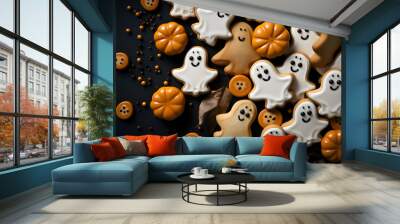 Halloween cookies in shape of cute ghosts on wooden table. Generative ai. Wall mural