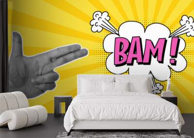 Halftone collage, hand gesture in the shape of a gun, speech bubble with expressive inscriptions bam, cloud and explosions in a comic style on a yellow background. Pop art retro banner. Wall mural