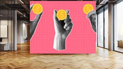 Halftone collage with hands cut out from a magazine. Banner on a financial theme with money, gestures with dollar coins pink checkered background. Concept of payment and financial planning, saving. Wall mural