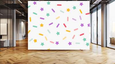 Simple minimalistic seamless pattern, multicolored playful hand drawn cute lines and stars on a white background. Sugar sprinkles on a donut, confetti, cupcake. Wall mural