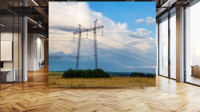 High voltage line tower is standing among farm field. Scenic sky is on background Wall mural