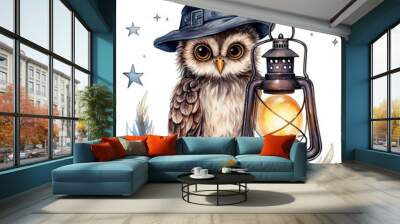 Autumn cute watercolor owl with vintage lamp, halloween illustration. AI generated Wall mural