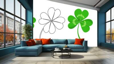 Icons of clover with four and three leaves. Lucky shamrock, symbol of Ireland and St.Patrick day. Green and outline icons of clovers with 3 and 4 leaves, vector set isolated on white background Wall mural