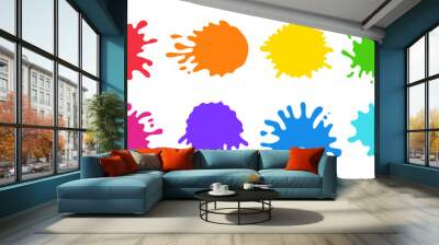 Splashes and stains of color paint or ink with drops splatter. Abstract rainbow colored blots, art blobs different shapes isolated on white background, vector flat illustration Wall mural