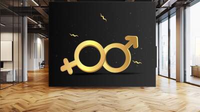 3d golden realistic gender women and man symbols, with flying geometric figures creative design of female and male metallic signs. Wall mural