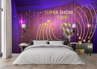 Music Festival night show poster, Cinema and Theatre hall with seats velvet curtains. Shining light bulbs vintage and luxury flyer, glowing spotlights vintage Wall mural