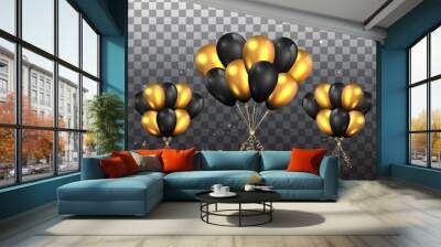 Shiny black and golden metallic blue balloons with white frame on shiny striated  surface, Wall mural