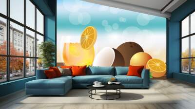 Summer illustration  beach style vector illustration , wood desk and tropic fruits with blurred sky  ,sea and sand paradise Wall mural