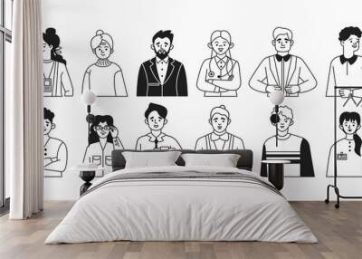 Jobs in medicine and business doodle illustrations set Wall mural