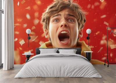 A young man screams in excitement as confetti falls around him Wall mural