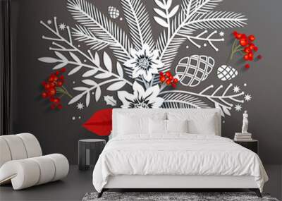 White paper floral holiday arrangement with red berries and leaves. Long shadows on dark gray background
create three-dimensional effect. Seasons greetings concept. Wall mural