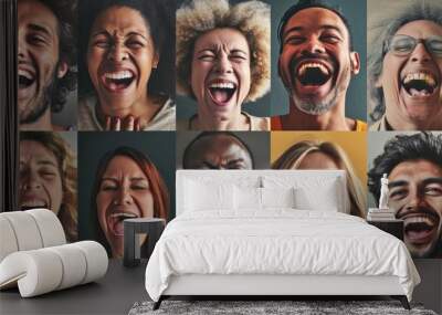 individuals faces as they react to winning the lottery. Capture multiple winners from a diverse range of age, gender and ethnicity backgrounds, shock, expression, happy Wall mural