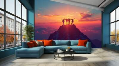 Silhouette back group of man team celebrating success on top mountain, sky and sunset background. Business, teamwork, achievement and person concept. Vector illustration. Wall mural