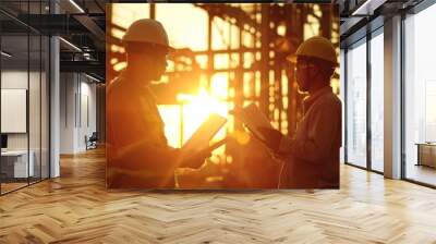 Teamwork men in construction site, Two civil engineer or professional foreman in safety helmet hard hat using blueprint in digital tablet working while standing at industrial factory Wall mural