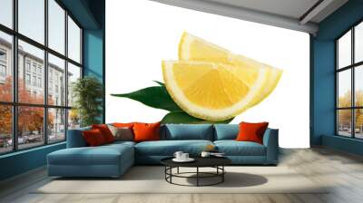 Two isolated lemon slices with leaves Wall mural