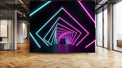 Futuristic Sci Fi blue and purple neon tube lights glowing. 3D rendering Wall mural