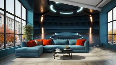 Futuristic Sci Fi Empty Stage neon. 3d rendering Wall mural