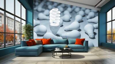 One glowing compact fluorescent lightbulb standing. 3D rendering. Wall mural