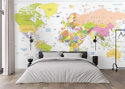 Colored political World Map isolated on white Wall mural