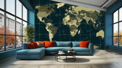 Detailed World Map in camouflage colors with a square grid Wall mural