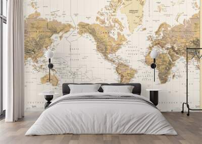 Vintage Physical World Map-America Centered-Colors of Brown Wall mural